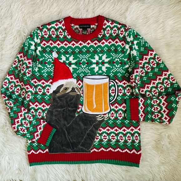 BLIZZARD BAY L Ugly Christmas Sweater • Holiday Sloth Beer Mug Pocket Pullover - Picture 8 of 14
